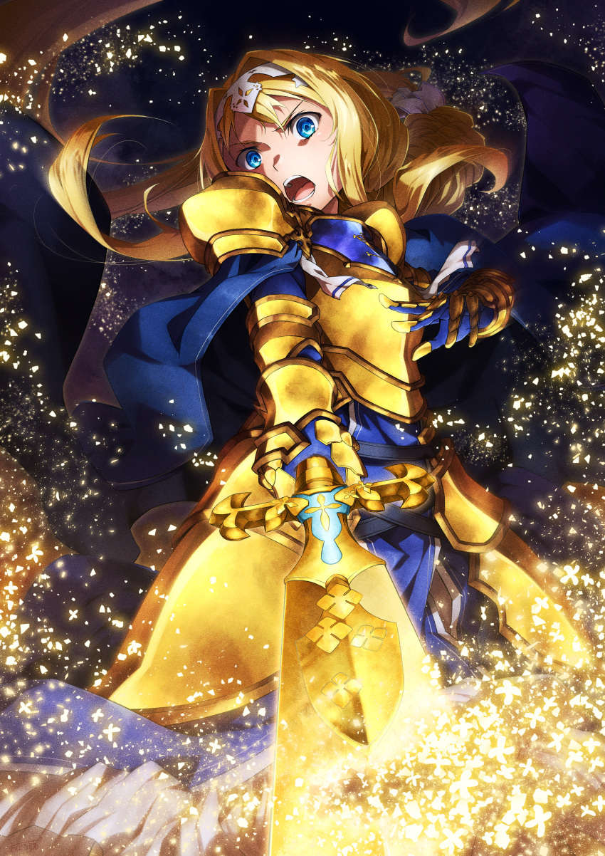 1girl absurdres alice_zuberg armor armored_dress bangs blonde_hair blue_dress blue_eyes breastplate dress faulds floating_hair from_below gauntlets hair_between_eyes hair_intakes hairband highres holding holding_sword holding_weapon long_hair oboro_neko open_mouth osmanthus_blade shoulder_armor solo standing sword sword_art_online very_long_hair weapon white_hairband