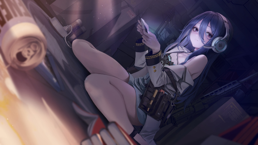 1girl bandaid bandaid_on_knee bandaid_on_leg bare_shoulders barefoot black_collar blue_eyes blue_hair blurry blurry_foreground book book_stack breasts can cellphone cleavage closed_mouth clothes_writing collar dagger dutch_angle electric_plug english_text exia_(goddess_of_victory:_nikke) goddess_of_victory:_nikke hair_between_eyes headphones highres hiki_niito holding holding_phone knife light_particles light_rays long_hair microphone multicolored_eyes open_book phone power_strip project_nikke purple_eyes sheath sheathed single_bare_shoulder sitting solo spiked_collar spikes spilling thighs wariza weapon