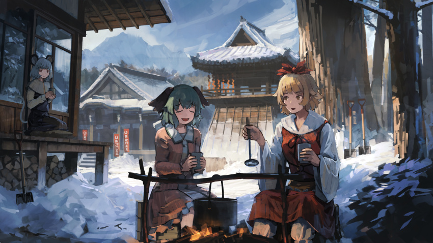 3girls animal_ears black_dress blonde_hair blue_sky brown_dress building capelet closed_eyes cloud cloudy_sky cup day dress eyebrows_visible_through_hair fire firewood forest green_hair grey_hair hair_ornament highres holding holding_cup kasodani_kyouko ladle long_sleeves looking_at_another mikado_(winters) mountain mouse_ears mouse_tail multiple_girls myouren_temple nature nazrin open_mouth outdoors petticoat pot red_dress red_eyes revision seiza short_hair shovel sitting sky smile snow tail toramaru_shou touhou tree wide_sleeves yellow_eyes