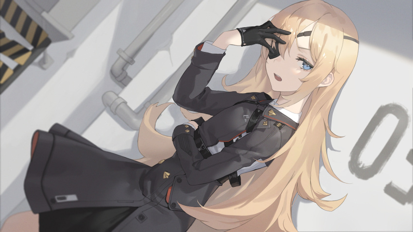 1girl absurdres black_gloves black_skirt blonde_hair blue_eyes caution clothing_request crack cracked_wall eyepatch film_grain gloves goddess_of_victory:_nikke guillotine_(goddess_of_victory:_nikke) hair_between_eyes half_gloves highres long_hair looking_at_viewer open_mouth pipes project_nikke seon_(seonon_) skirt solo teeth upper_teeth very_long_hair