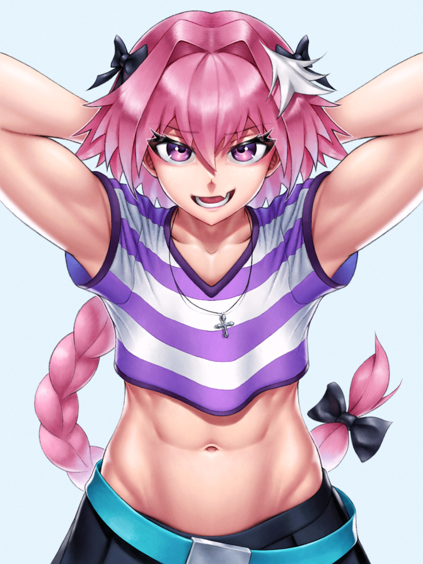 1boy abs arms_behind_head arms_up astolfo_(fate) belt belt_buckle bow braid braided_ponytail buckle commentary cropped_shirt english_commentary eyebrows_visible_through_hair fang fate/apocrypha fate_(series) hair_between_eyes hair_bow highres long_hair looking_at_viewer male_focus midriff multicolored_hair navel open_mouth pink_hair purple_eyes shirt short_sleeves simple_background skin_fang skirt skylock solo striped striped_shirt teeth tongue two-tone_hair upper_body white_hair