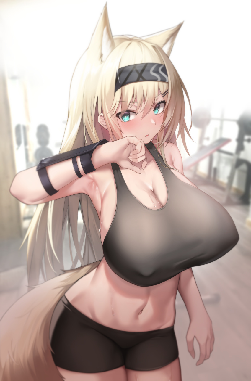 1girl absurdres animal_ears aoinu_(aoinu_99) aqua_eyes arknights armpits backlighting bangs black_hairband black_shorts blonde_hair blurry blurry_background breasts bright_pupils brown_theme cleavage commentary_request contrapposto covered_nipples cowboy_shot eyebrows_visible_through_hair furrowed_brow gym hair_between_eyes hairband hand_up highres horn_(arknights) huge_breasts indoors light_blush long_hair looking_at_viewer midriff navel open_mouth parted_lips short_shorts shorts sideways_glance solo sweat tail tank_top tsurime very_long_hair white_pupils wolf_ears wolf_tail workout_clothes