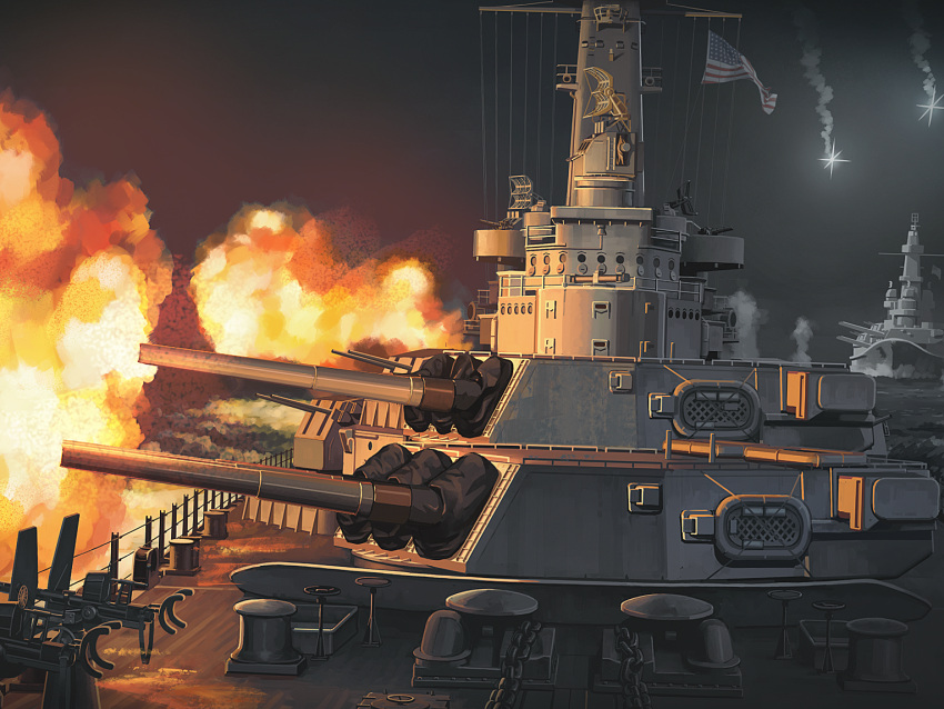 american_flag battleship cannon fire firing flare historical_event lifeboat mikado_(winters) military military_vehicle night no_humans original radar revision ship turret united_states_navy uss_south_dakota_(bb-57) uss_washington_(bb-56) war warship watercraft world_war_ii