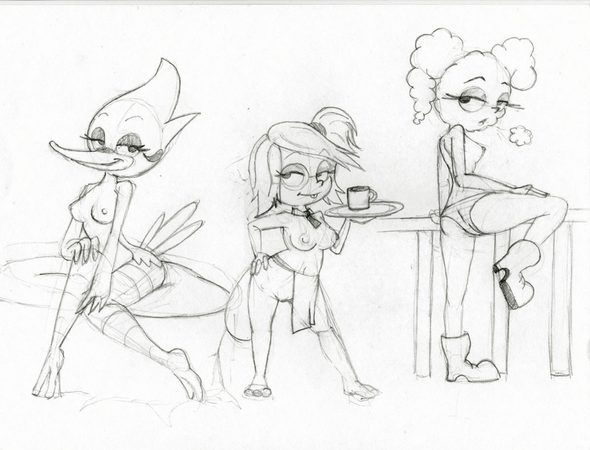 anthro bedroom_eyes breasts butt cartoon_network clothed clothing cloudy_jay eileen_roberts female group humanoid margaret_smith_(regular_show) monkeycheese narrowed_eyes nipples regular_show seductive sketch topless trio