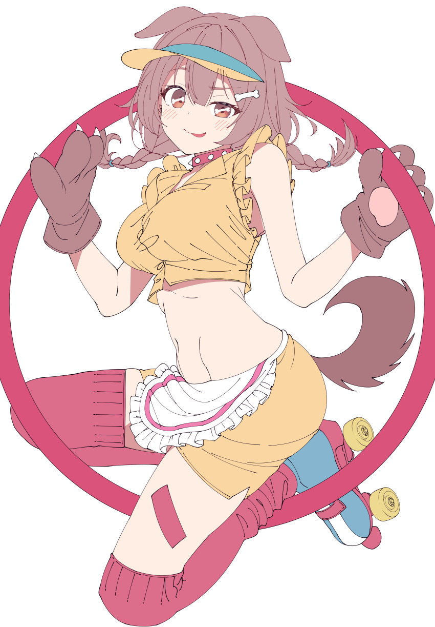 :p absurdres animal_ears animal_hands bangs blush bone_hair_ornament braid breasts brown_eyes brown_hair collar dog_ears dog_girl dog_tail doggy_god's_street dolphin_shorts eyebrows_visible_through_hair gloves hair_between_eyes hair_ornament hairclip highres hololive inugami_korone large_breasts looking_at_viewer low_twin_braids midriff murakami_ryouga paw_gloves roller_skates shirt shorts side_braids simple_background skates sleeveless sleeveless_shirt spiked_collar spikes tail tongue tongue_out twin_braids virtual_youtuber visor_cap white_background