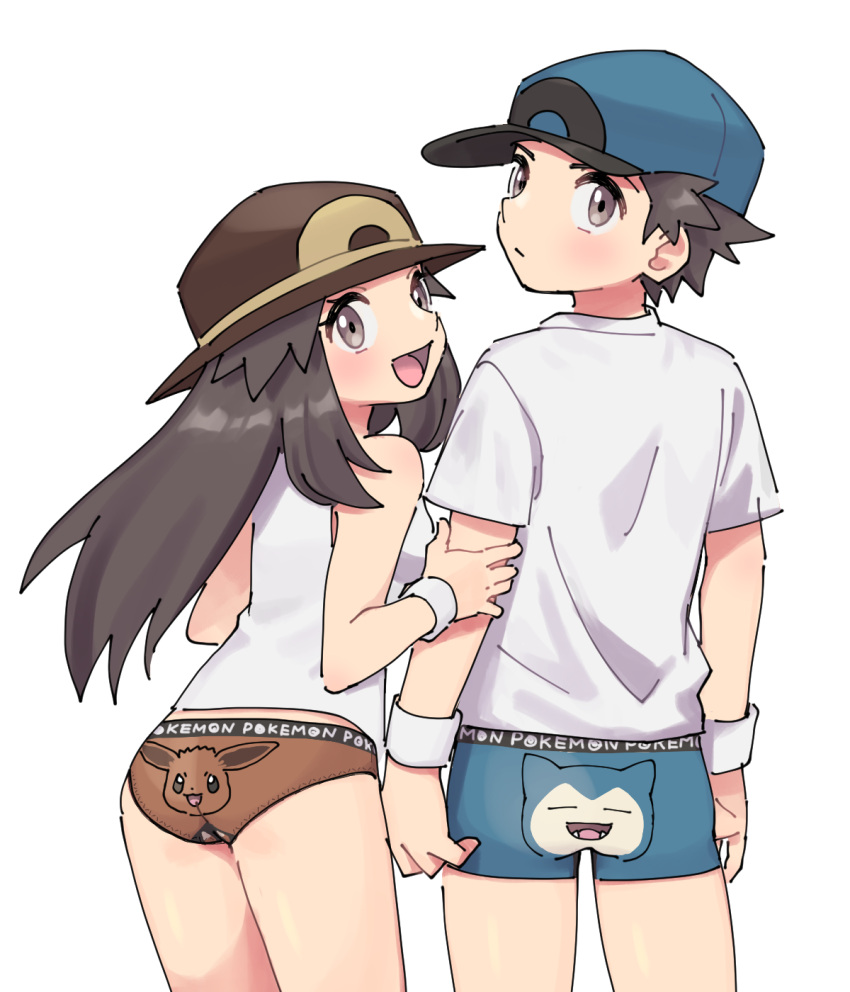 1boy 1girl alternate_costume baseball_cap blue_headwear blue_male_underwear blush boxer_briefs breasts brown_eyes brown_hair brown_headwear brown_panties character_print closed_mouth clothes_writing commentary_request copyright_name cowboy_shot eevee from_behind hand_up happy hat highres holding_another's_arm leaf_(pokemon) leaning_forward long_hair looking_at_viewer looking_back male_underwear open_mouth panties partial_commentary pokemon pokemon_(game) pokemon_frlg pumpkinpan red_(pokemon) shiny shiny_hair shirt short_hair short_sleeves sidelocks simple_background sleeveless sleeveless_shirt small_breasts smile snorlax spiked_hair standing sweatband underwear white_background white_shirt