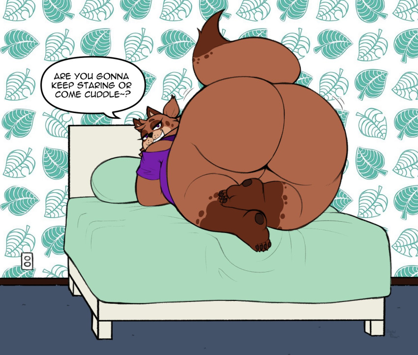 anthro bed big_butt bottomless brown_body brown_fur butt canid canine chubby_male clothed clothing dialogue digitalpelican english_text eyelashes facial_markings fur furniture girly grin head_markings hi_res huge_butt looking_at_viewer lying male mammal markings mask_(marking) on_front overweight overweight_male pillow raccoon_dog rear_view smile smug smug_grin solo talking_to_viewer tanuki text thick_thighs toothy_grin topwear wallpaper_(decoration)