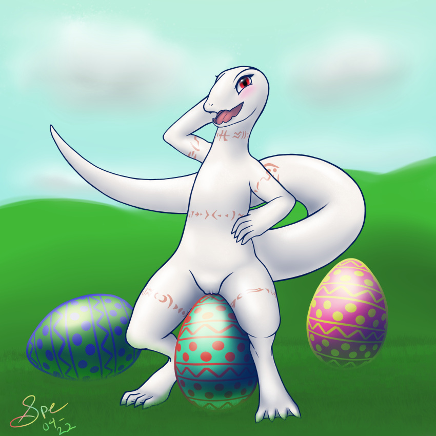 1:1 2022 4_toes 5_fingers absurd_res albino arm_markings big_tail blue_sky blush bodily_fluids chest_markings cleft_of_venus clitoris cloud crotch_lines crusch_lulu cute_fangs dated day digital_drawing_(artwork) digital_media_(artwork) digitigrade easter easter_egg egg eyelashes featureless_chest feet female fingers flat_chested front_view genital_fluids genitals grass hand_on_hip hi_res holidays leg_markings lizard lizardman_(overlord) long_tail looking_at_viewer markings membrane_(anatomy) neck_markings nude open_mouth open_smile outside overlord_(series) pink_clitoris pink_markings pink_tongue plant pupils pussy pussy_juice raised_arm red_eyes reptile scales scalie signature sitting sky slit_pupils smile smiling_at_viewer snout solo spe straddling tail_markings thick_tail thick_thighs thigh_markings toes tongue tribal tribal_markings webbed_feet white_body white_scales