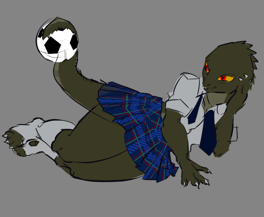 anthro ball bottomwear bully clothing crocodilian female football_(ball) greenpolygon hi_res humanoid krita_(program) lying mischievous on_side plaid pleated_skirt prehensile_tail pupils reptile reptoid scalie school_uniform skirt slit_pupils soccer_ball solo thick_thighs uniform