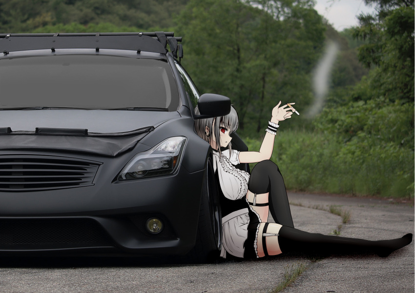 1girl bangs black_legwear car character_request cigarette copyright_request forest from_side full_body grey_hair ground_vehicle highres knee_up leg_strap looking_at_viewer maid mamo_murata motor_vehicle nature outdoors red_eyes short_hair sitting smoking solo thighhighs wrist_cuffs