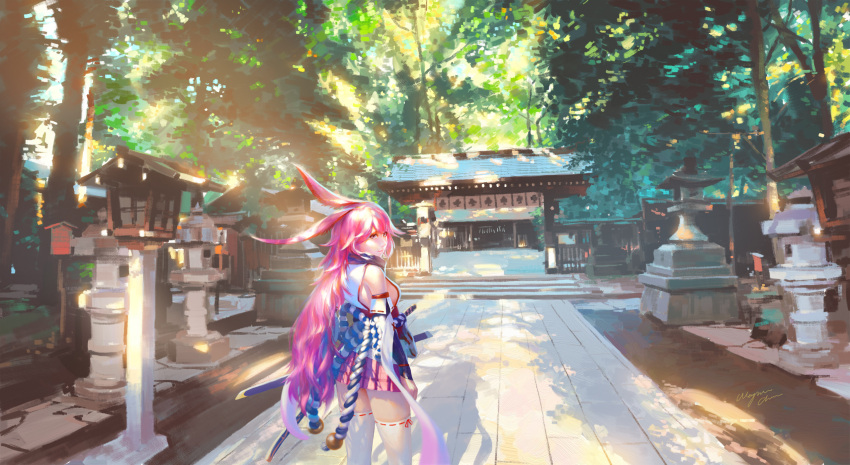 1girl bangs bare_shoulders blue_sky closed_mouth highres honkai_(series) honkai_impact_3rd japan japanese_clothes katana long_hair looking_at_viewer looking_back miko outdoors pink_hair pink_skirt purple_eyes scenery shadow sheath sheathed skirt sky solo sword temple thighhighs tree wayne_chan weapon white_legwear white_sleeves yae_sakura yae_sakura_(gyakushinn_miko)