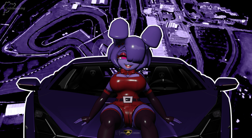 absurd_res accessory anthro armwear bonnie_(cally3d) bonnie_(fnaf) clothing eyeshadow female five_nights_at_freddy's fur hair hair_accessory hi_res lagomorph lamborghini legwear leporid makeup mammal nurburgring overalls pink_eyes prykez purple_armwear purple_background purple_body purple_clothing purple_fur purple_hair purple_legwear rabbit race_track red_bow_tie red_clothing red_eyeshadow red_overalls scottgames simple_background smile smiling_at_viewer solo video_games