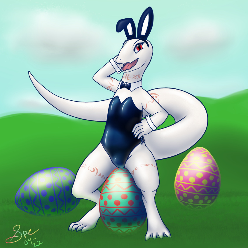 2022 4_toes 5_fingers absurd_res albino arm_markings big_tail black_clothing blue_sky bow_tie bunny_costume clothing cloud costume crotch_lines crusch_lulu cute_fangs dated day digital_drawing_(artwork) digital_media_(artwork) digitigrade easter easter_egg egg eyelashes fake_ears feet female fingers front_view glistening glistening_clothing grass hand_on_hip hi_res holidays latex_clothing leg_markings lingerie lizard lizardman_(overlord) long_tail looking_at_viewer markings membrane_(anatomy) neck_markings open_mouth open_smile outside overlord_(series) pink_markings pink_tongue plant pubic_mound pupils raised_arm red_eyes reptile scales scalie shirt_collar shirt_cuffs signature sitting sky slit_pupils smile smiling_at_viewer snout solo spe straddling strapless_clothing tail_markings teddy_(clothing) thick_tail thick_thighs thigh_markings toes tongue tribal tribal_markings webbed_feet white_body white_scales