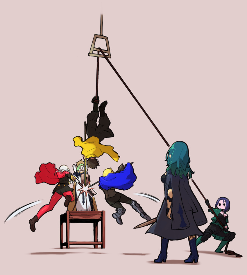 2boys 4girls axe byleth_(fire_emblem) byleth_(fire_emblem)_(female) camera cape claude_von_riegan dimitri_alexandre_blaiddyd edelgard_von_hresvelg fire_emblem fire_emblem:_three_houses from_behind full_body hanging holding holding_rope jumping multiple_boys multiple_girls rhea_(fire_emblem) rope shamir_nevrand simple_background standing taking_picture upside-down yama_nedo