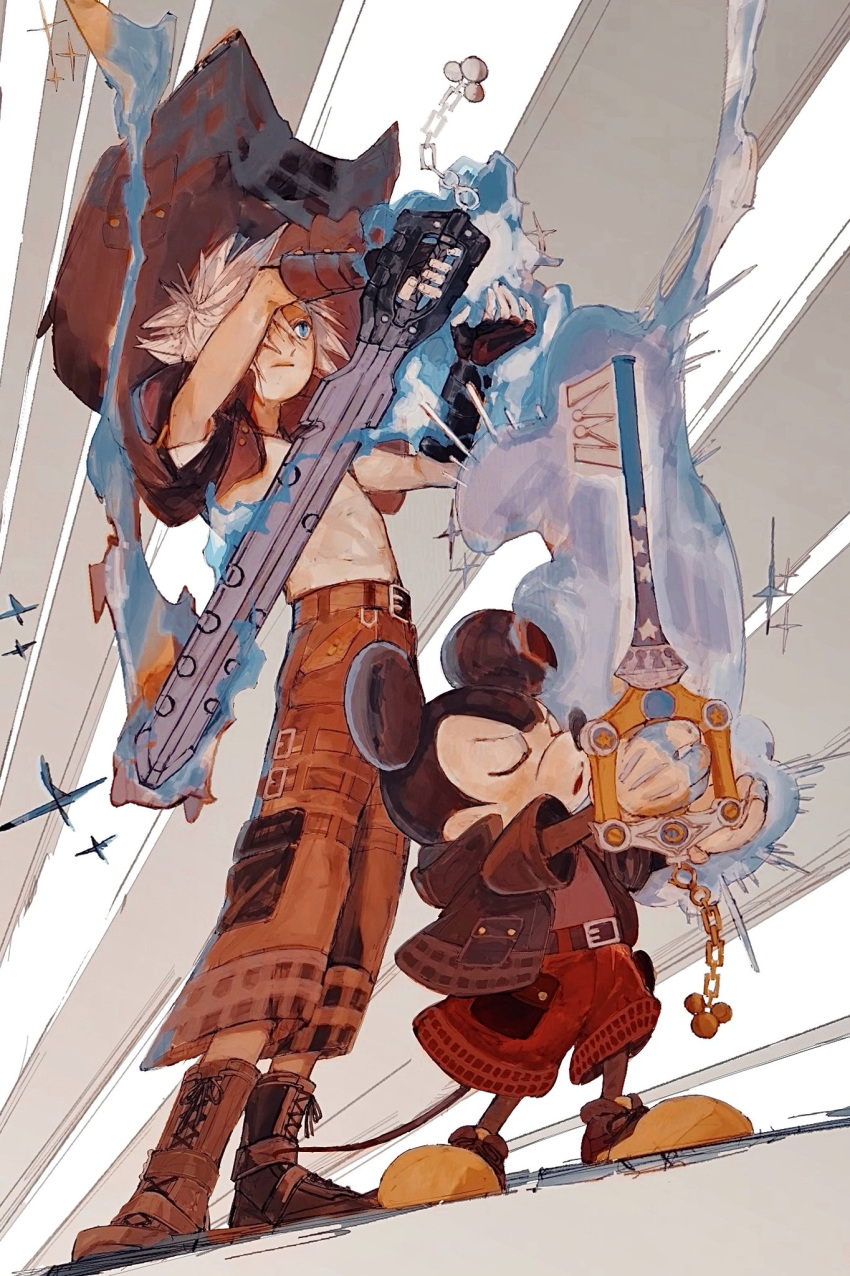 2boys animal_ears blonde_hair blue_eyes boots casting_spell closed_eyes commentary_request disney energy fantasy fingerless_gloves gloves glowing highres holding jacket keyblade kingdom_hearts magic male_focus mickey_mouse multiple_boys open_mouth otil_(eien_no_nisaizi) pants red_pants short_hair silver_hair size_difference sora_(kingdom_hearts) spiked_hair tail topless_male weapon wind