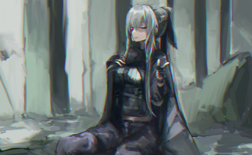 1girl absurdres ak-12_(girls'_frontline) bangs black_pants breasts closed_mouth dashimaki_(dasimakitama50) feet_out_of_frame girls'_frontline highres jacket long_hair long_sleeves looking_at_viewer one_eye_closed pants purple_eyes silver_hair solo tactical_clothes