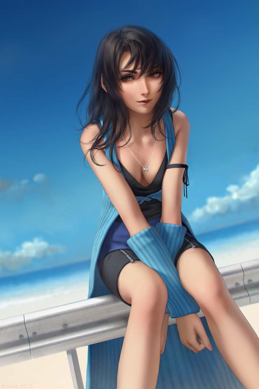 1girl arm_ribbon arm_warmers beach bike_shorts black_hair blue_sky blurry blurry_background breasts brown_eyes cleavage final_fantasy final_fantasy_viii highres jewelry miura-n315 necklace own_hands_together railing ribbon rinoa_heartilly sitting sky sleeveless sleeveless_duster smile solo undershirt