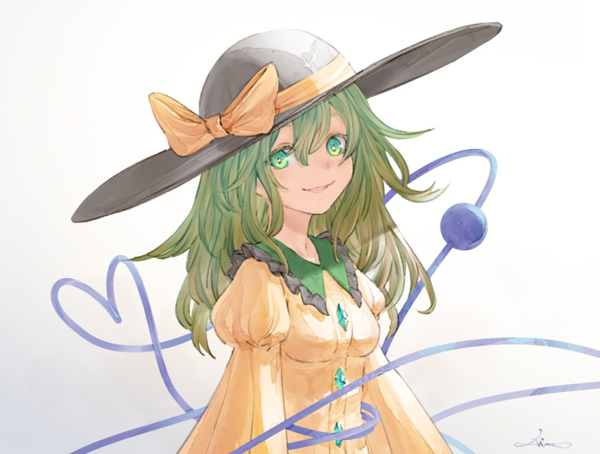 1girl bad_id bad_twitter_id black_headwear blouse blush bow bright_pupils buttons diamond_button eyebrows_behind_hair green_eyes green_hair grey_background hair_between_eyes hat hat_bow heart heart_of_string highres io_(io_oekaki) juliet_sleeves komeiji_koishi long_hair long_sleeves looking_at_viewer parted_lips puffy_sleeves signature simple_background smile solo third_eye touhou upper_body white_pupils yellow_blouse yellow_bow