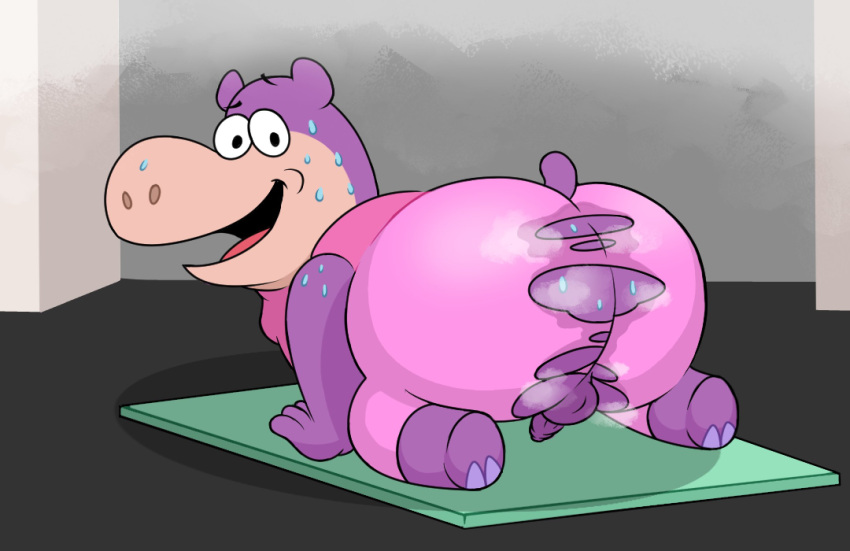 2022 all_fours anthro balls big_butt bodily_fluids butt clothed clothing common_hippopotamus genitals hanna-barbera haven_(artist) hi_res hippopotamid humanoid_hands jellystone_(hbo_max) male mammal musk overweight overweight_male penis peter_potamus purple_body solo sweat the_peter_potamus_show