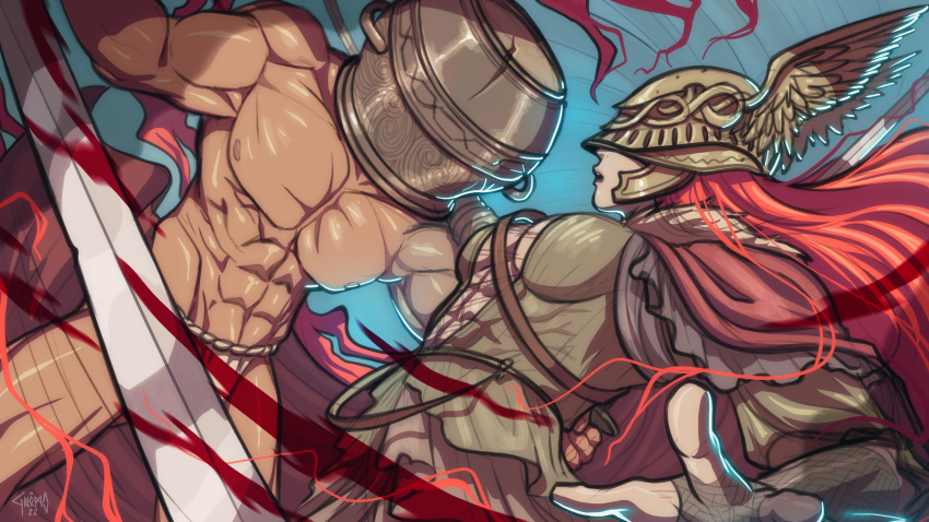 1boy 1girl armor blood cape dasgnomo dual_wielding elden_ring fighting helmet highres holding holding_sword holding_weapon katana let_me_solo_her long_hair male_focus malenia_blade_of_miquella mechanical_arms muscular muscular_male pot_on_head prosthesis prosthetic_arm red_cape red_hair simple_background single_mechanical_arm sword topless_male very_long_hair weapon