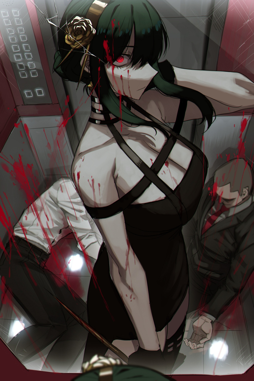 1girl 2boys absurdres black_hair blood blood_on_clothes blood_on_face blood_on_weapon blood_splatter breasts cleavage closed_mouth corpse dagger death elevator from_side gold_hairband highres holding holding_dagger holding_weapon knife large_breasts looking_at_viewer mirror multiple_boys ratatatat74 red_eyes reflection rose_hair_ornament solo_focus spy_x_family weapon yor_briar