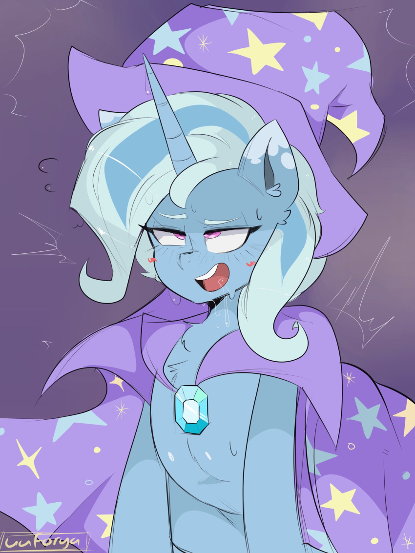 ahegao blue_body blue_fur blue_hair blush bodily_fluids cape clothing darkdoubloon equid equine female feral friendship_is_magic fur gem hair half-closed_eyes hasbro hat headgear headwear hi_res horn inner_ear_fluff looking_pleasured mammal my_little_pony narrowed_eyes pink_eyes saliva signature solo trixie_(mlp) tuft unicorn wizard_hat