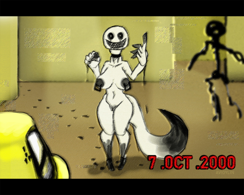 ambiguous_gender anthro artifact avioylin blurred_background breasts choker creepypasta dated detailed_background dripping female hazmat_suit jewelry monster necklace nude piercing scary scary_face static the_backrooms vhs walls