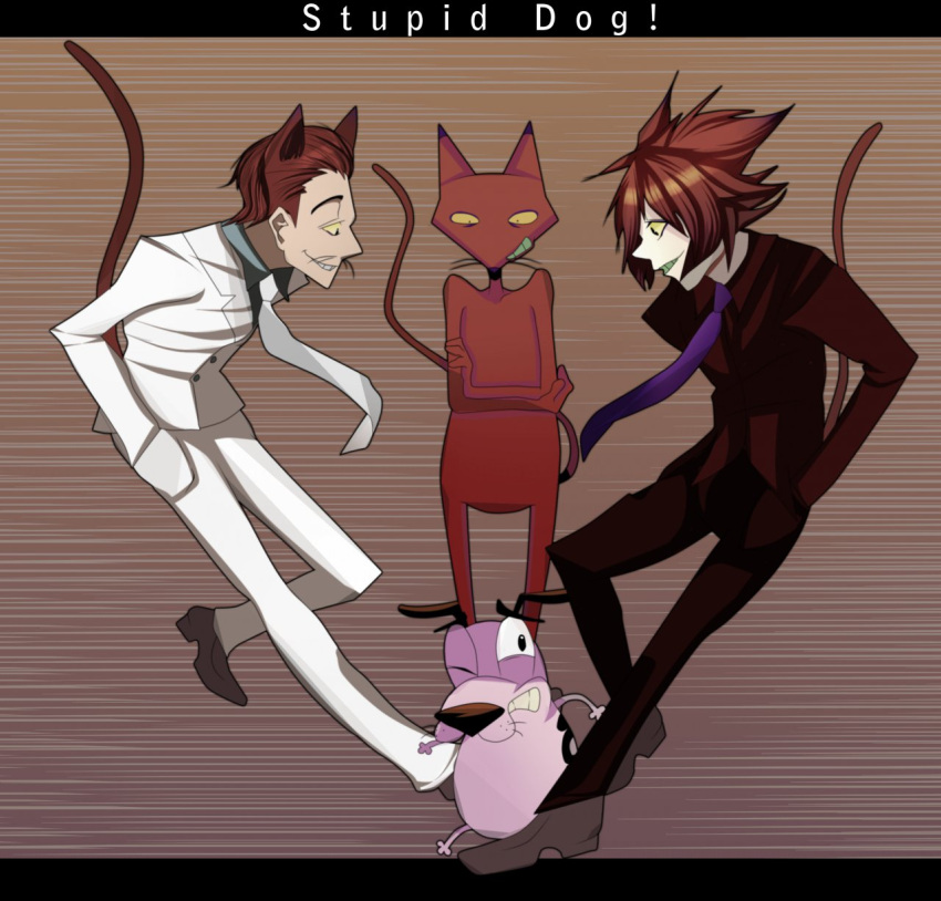 2013 alternate_species anthro apprehensive big_eyes black_eyebrows black_eyes black_spots black_tie_(suit) bottomwear brown_background brown_ears brown_nose canid canine canis cartoon_network clenched_teeth clothed clothing coat courage_the_cowardly_dog courage_the_cowardly_dog_(character) crossed_arms devious domestic_cat domestic_dog dress_shirt duo english_text exclamation_point eyebrows felid feline felis footwear freckles fur grin hair half-closed_eyes hands_in_both_pockets happy hi_res human humanized interspecies jacket katz_(courage_the_cowardly_dog) looking_aside looking_at_another looking_at_partner looking_away looking_down male male/male mammal markings muffin-mixer narrowed_eyes necktie nervous one_eye_closed pants pink_body pink_fur pupils purple_ears purple_nose red_body red_fur red_hair red_suit romantic romantic_couple shirt shoes simple_background size_difference slit_pupils smile smug spots spotted_body spotted_fur spotted_markings standing suit teeth text thick_eyebrows topwear whiskers white_pupils white_suit white_tuxedo wink yellow_sclera