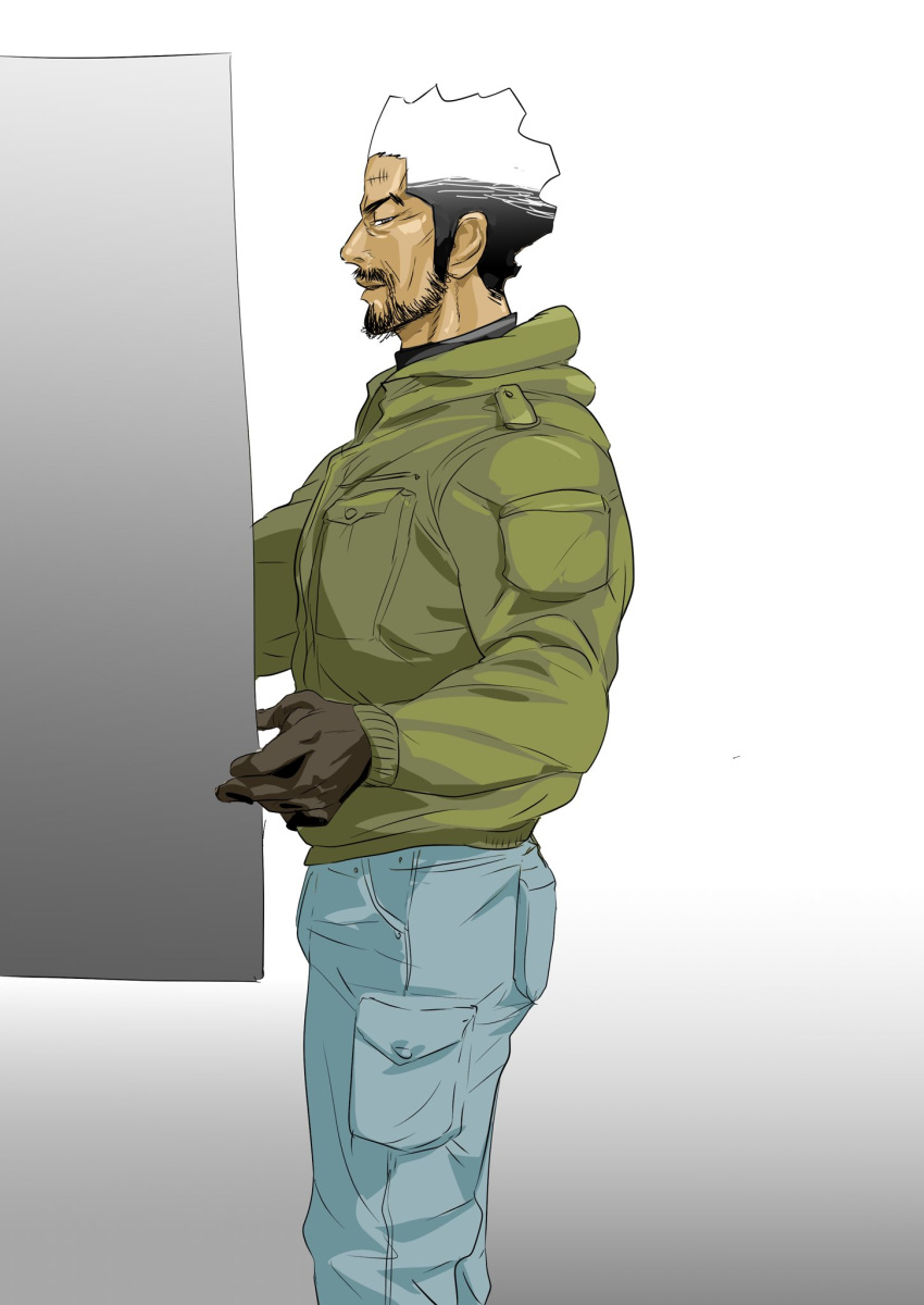 1boy beard black_hair casual coat contemporary denim facial_hair gloves golden_kamuy green_coat highres izurunet male_focus multicolored_hair nihei_tetsuzou old old_man pocket profile scar scar_on_face scar_on_forehead simple_background solo standing two-tone_hair