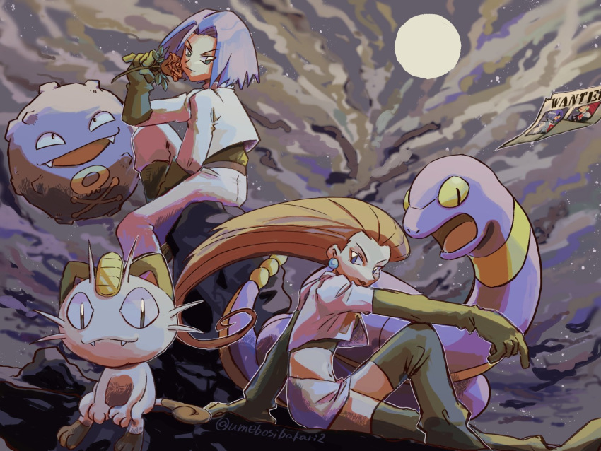 ekans flower highres james_(pokemon) jessie_(pokemon) koffing meowth moon night pokemon pokemon_(anime) pokemon_(creature) rose sitting umebosibakari2