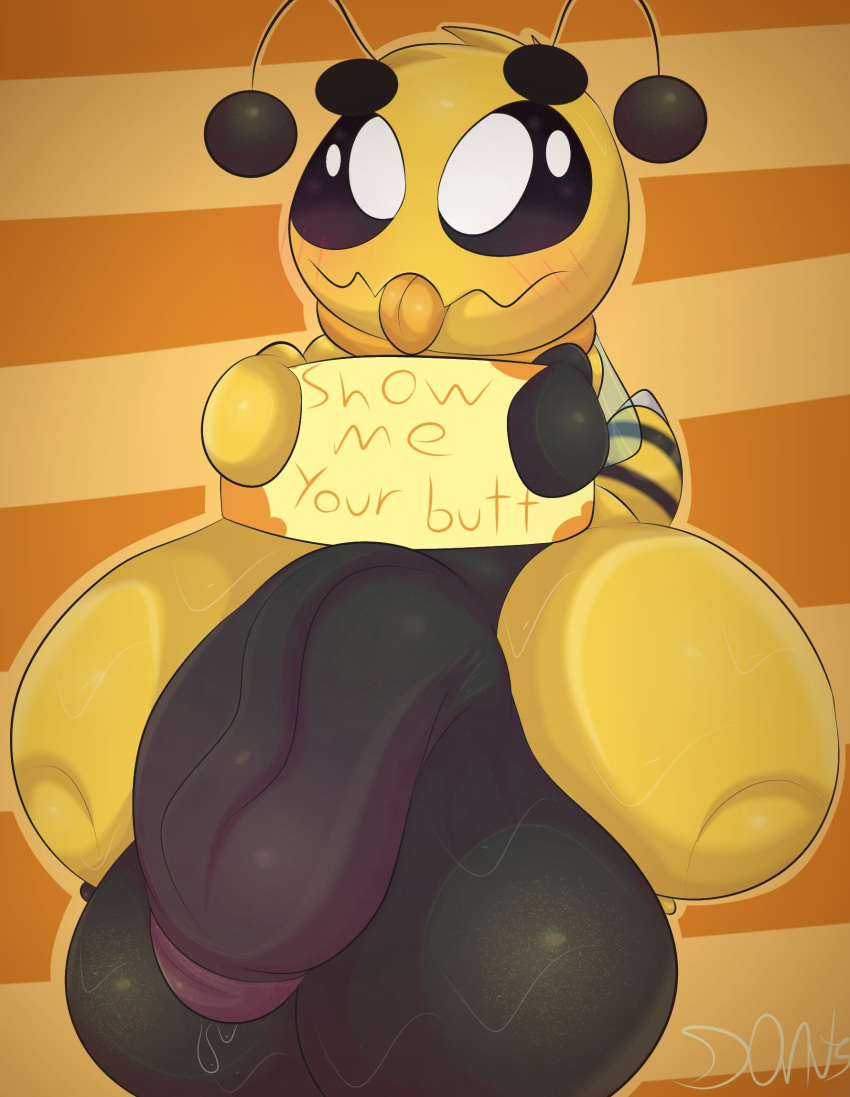 2022 antennae_(anatomy) anthro arthropod asty_(plushtrapboyuwu) balls bee big_balls big_penis black_body black_sclera blush blush_lines bodily_fluids digital_media_(artwork) english_text eyebrows flaccid fur genital_fluids genitals hi_res holding_object holding_sign hovering huge_balls huge_penis humanoid_genitalia humanoid_penis hymenopteran insect insect_wings looking_at_viewer male multicolored_body nude penis plushtrapboyuwu precum shaded sign simple_background small_but_hung smile solo sweat sweaty_balls sweaty_genitalia sweaty_legs sweaty_penis text thick_thighs tongue tongue_out two_tone_body vein veiny_penis wings yellow_body yellow_fur