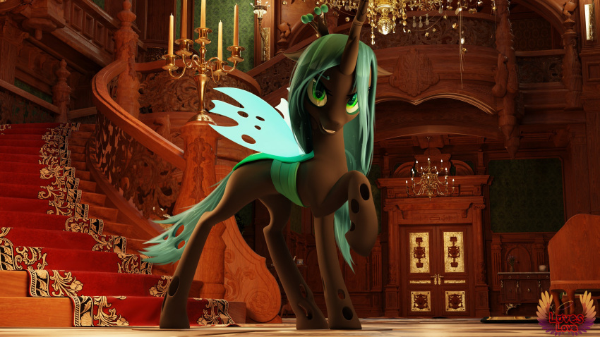 3d_(artwork) absurd_res arthropod candelabra candle castle changeling digital_media_(artwork) door feral friendship_is_magic green_eyes green_hair hair hi_res insect_wings inside looking_at_viewer loveslove my_little_pony quadruped queen_chrysalis_(mlp) stairs wings