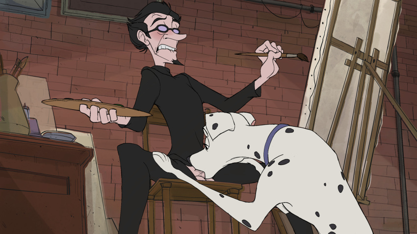 101_dalmatians anatomically_correct balls balls_deep bestiality blush brush bulge buzya canid canine canis canvas collar dalmatian deep_throat disney domestic_dog duo eyewear fellatio female female_on_human feral genitals glasses hi_res holding_brush holding_object human lars_(disney) male male/female male_on_feral mammal oral palette penetration penile penis perdita sex spots spotted_body