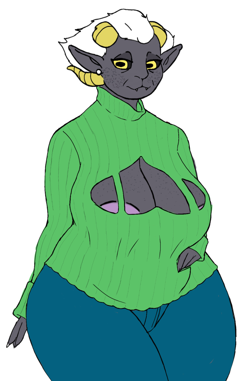 big_butt bottomwear bovid broken_horn butt caprine caprine_demon clothing curvy_figure demon demon_humanoid denim denim_clothing exposed_chest female freckled_face freckles freckles_on_breasts goat_demon goat_tail green_clothing green_sweater green_topwear hair hi_res horizontal_pupils horn humanoid humanoid_pointy_ears jeans mammal mature_female meredith_(quidhansed) nipple_slip overweight overweight_female pants pearl_earring pose pupils quidhansed solo solo_focus sweater thick_thighs topwear voluptuous white_hair wide_hips yellow_eyes