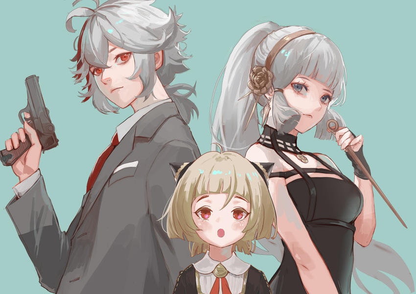 1boy 2girls ahoge anya_(spy_x_family) bangs black_dress black_gloves breasts dress earrings fingerless_gloves formal genshin_impact gloves gun hairband holding holding_gun holding_weapon jewelry kaedehara_kazuha kamisato_ayaka looking_at_viewer lumi250 multicolored_hair multiple_girls necktie old open_mouth ponytail red_eyes sayu_(genshin_impact) shoulder_blades simple_background spy_x_family suit twilight_(spy_x_family) weapon white_hair yor_briar