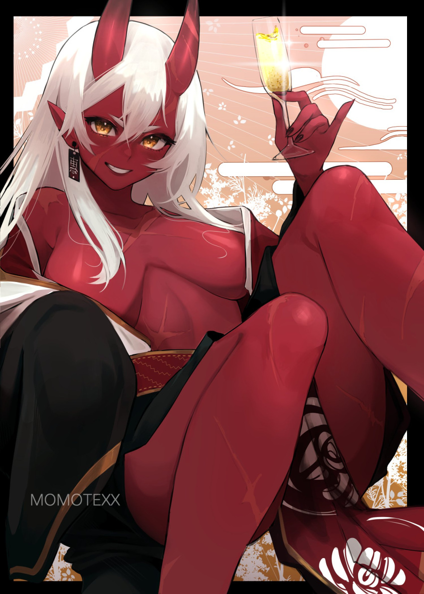 1girl akumi_(yoclesh) alcohol bangs bare_shoulders blush breasts champagne champagne_flute clothing_request collarbone colored_skin cup drinking_glass earrings egasumi hair_between_eyes highres horns jewelry large_breasts long_hair looking_at_viewer momote nail_polish no_bra red_nails red_skin scar scar_on_cheek scar_on_chest scar_on_face scar_on_leg solo vyugen white_hair yellow_eyes