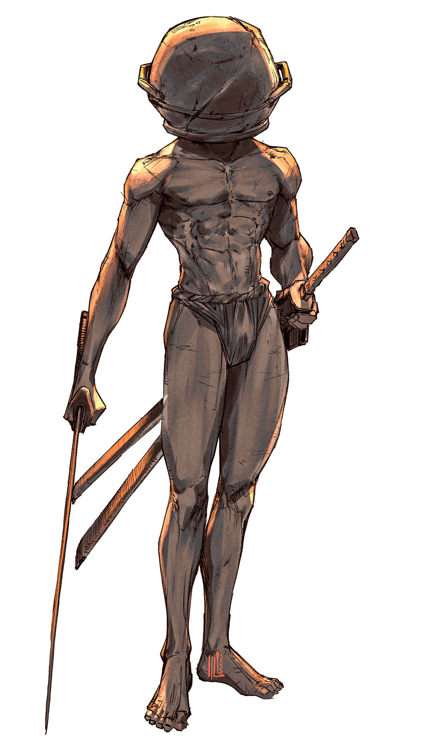 1boy abs absurdres barefoot covered_face david_liu dual_wielding elden_ring english_commentary facing_viewer full_body fundoshi hand_on_hilt highres holding holding_sword holding_weapon japanese_clothes katana let_me_solo_her male_focus manly muscular muscular_male pot_on_head scabbard sheath solo sword tarnished_(elden_ring) weapon white_background