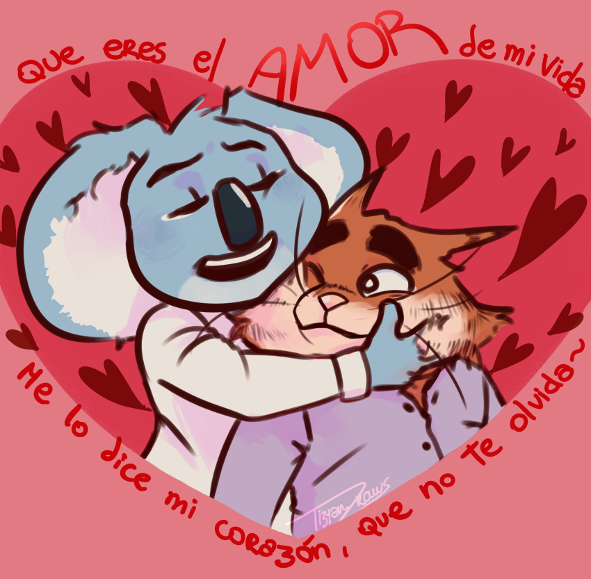 &lt;3 2022 absurd_res anthro buster_moon clothing domestic_cat duo embrace eyes_closed felid feline felis hi_res hug humanoid_hands illumination_entertainment jerry_(sing) koala male male/male mammal marsupial one_eye_closed shirt sing_(movie) spanish_text text tizyandraws topwear vombatiform