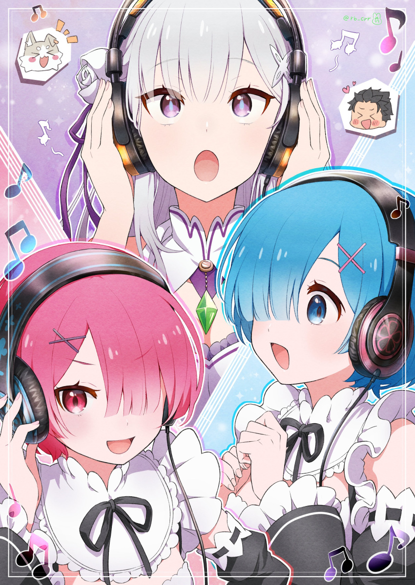 3girls :d :o absurdres bangs black_ribbon blue_hair blush commentary_request emilia_(re:zero) eyebrows_visible_through_hair eyelashes framed gem green_gemstone hair_ornament hands_up headphones highres listening_to_music multiple_girls musical_note natsuki_subaru neck_ribbon open_mouth pink_eyes pink_hair puck_(re:zero) ram_(re:zero) re:zero_kara_hajimeru_isekai_seikatsu rem_(re:zero) ribbon short_hair smile tongue x_hair_ornament yomo_(rb_crr)