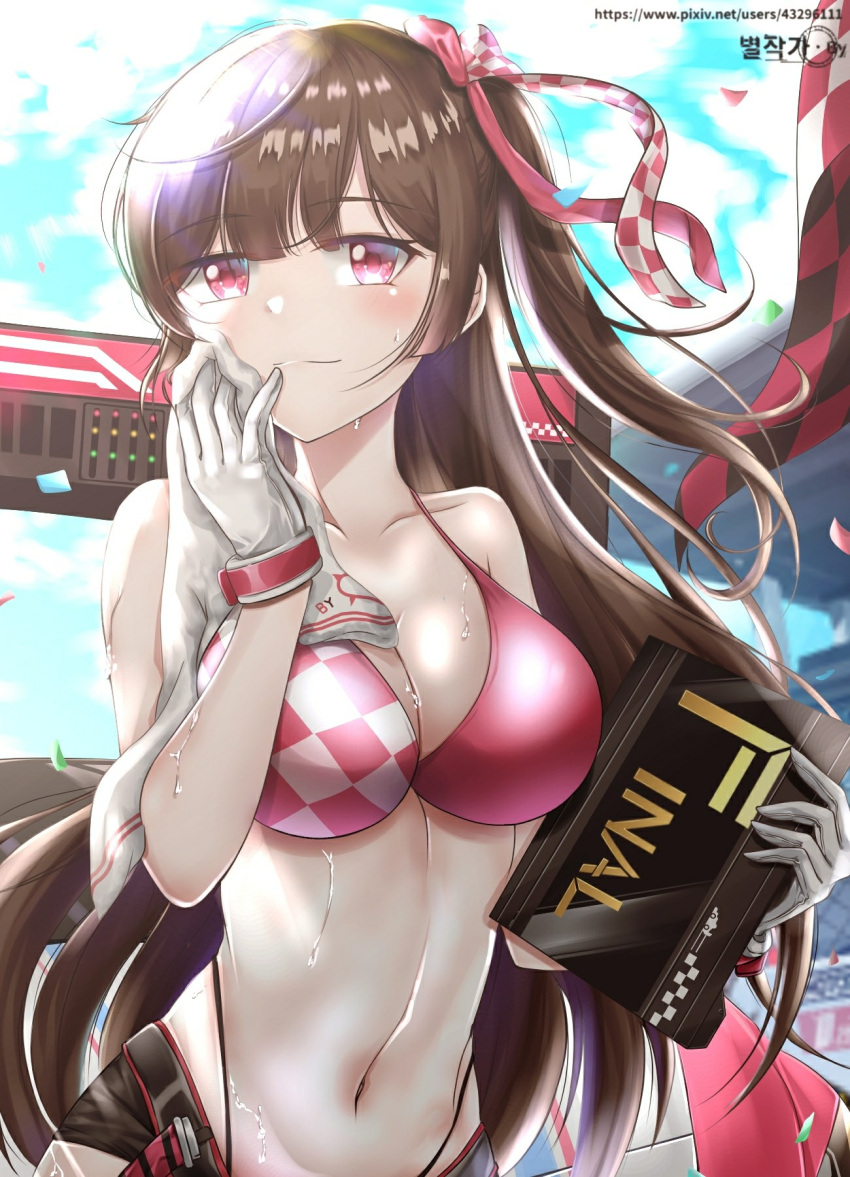 1girl blush breasts byeoljagga cleavage confetti counter:side eyebrows_visible_through_hair gloves highleg highres long_hair looking_at_viewer lumi_(counter:side) navel outdoors race_queen sky sweat web_address white_gloves