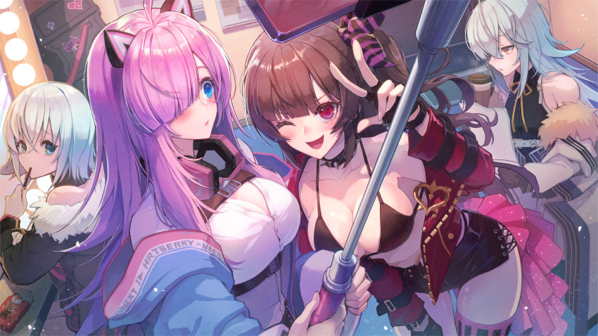 4girls :d ahoge animal_ears aqua_eyes bangs bare_shoulders belt belt_buckle bikini black_bikini black_collar black_gloves black_jacket black_shorts blowing_on_food blue_eyes blue_jacket blunt_bangs blush bomi_(counter:side) breasts brown_hair buckle case cat_ear_headphones cat_ears character_name chest_strap cleavage coffee_cup collar collarbone counter:side crossed_bangs cup disposable_cup eating english_text eyebrows_behind_hair fake_animal_ears fingerless_gloves fingernails flipped_hair floor food food_in_mouth fur-trimmed_jacket fur_trim gaeun_(counter:side) gloves group_name hair_over_one_eye hair_ribbon halter_top halterneck headphones headphones_around_neck headphones_removed heart heart_stickers high_belt highres holding holding_paper holding_stick indoors jacket large_breasts leaning_forward lights long_fingernails long_hair long_sleeves looking_at_another looking_at_object looking_at_viewer lumi_(counter:side) mirror misty_cj miya_(counter:side) multiple_girls neck_ribbon off_shoulder one_side_up open_clothes open_jacket open_mouth paper parted_bangs parted_lips pink_hair pocky red_eyes red_jacket ribbon room selfie_stick shiny shiny_hair shirt shirt_tucked_in short_hair short_shorts shorts sidelocks sitting skirt smile snap-fit_buckle spiked_collar spikes standing stick sticker striped striped_legwear striped_ribbon swimsuit text_print thigh_gap thighhighs v-shaped_eyebrows vertical-striped_legwear vertical_stripes very_long_hair w white_belt white_hair white_jacket white_shirt white_skirt yellow_eyes yellow_ribbon