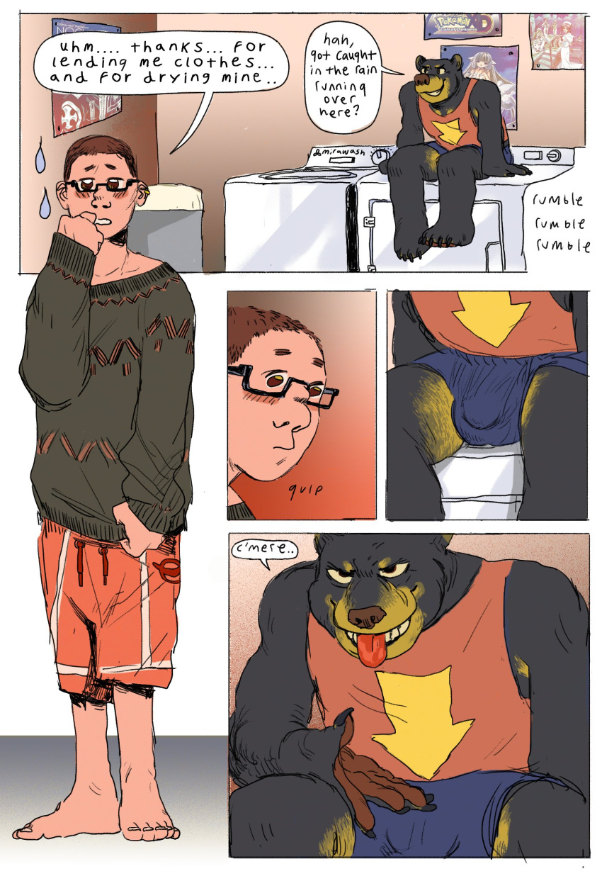 absurd_res anthro blush bulge clothed clothing colored comic detailed_background dialogue duo english_text eyewear glasses hi_res human male mammal seductive speech_bubble text throatspit tongue tongue_out ursid