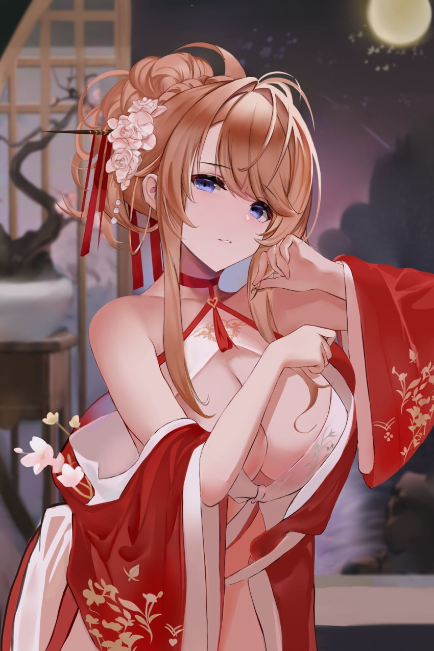 1girl azur_lane bangs bare_shoulders blonde_hair blue_eyes blush breasts chinese_clothes cleavage dress flower glorious_(azur_lane) glorious_(pungent_plum)_(azur_lane) hair_flower hair_ornament hair_stick highres large_breasts long_hair official_alternate_costume open_clothes red_dress revealing_clothes solo wide_sleeves xifanqvq