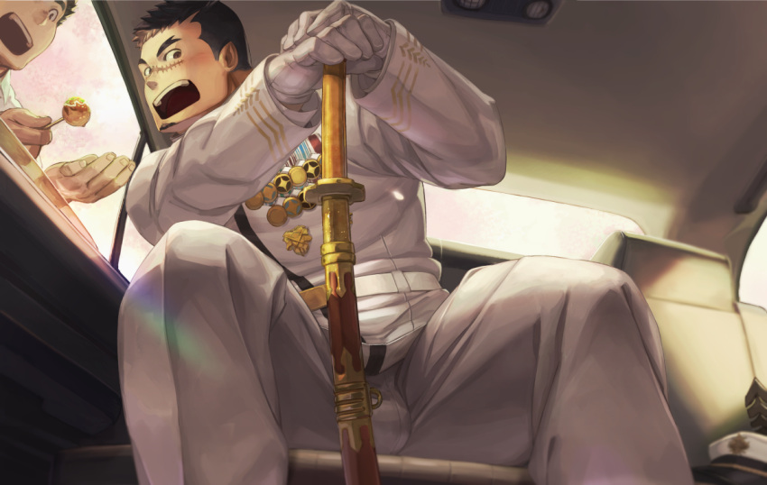 2boys bara black_hair bulge car_interior collared_shirt commentary facial_hair feeding food forked_eyebrows gloves goatee holding holding_sword holding_weapon katana looking_at_viewer male_focus master_3_(housamo) mature_male medal military military_uniform multiple_boys muscular muscular_male nion_(n_ionion) open_mouth pointy_ears scar scar_on_face scar_on_nose shirt short_hair sideburns sword takoyaki teeth thick_thighs thighs tokyo_afterschool_summoners undercut uniform weapon white_gloves white_uniform yoritomo_(housamo)