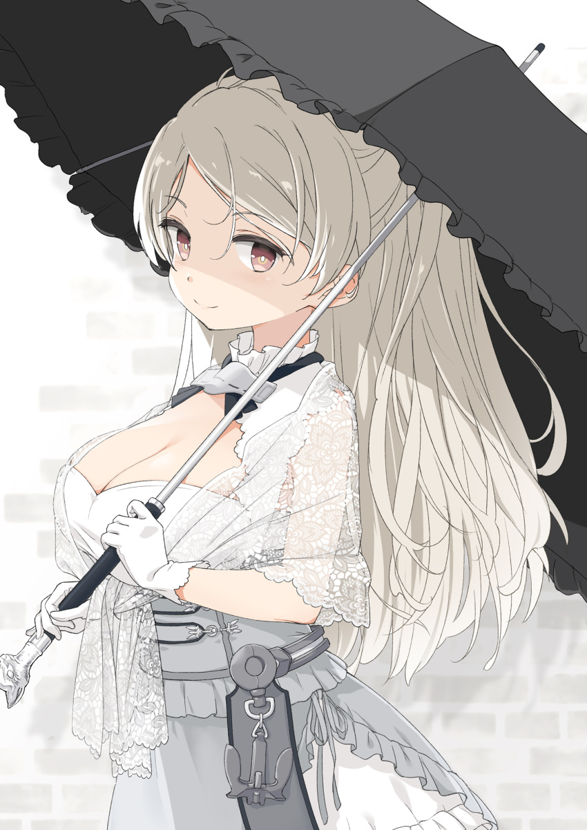 1girl aka_ringo bangs black_umbrella breasts brown_eyes cleavage commentary conte_di_cavour_(kancolle) dress frilled_dress frills gloves grey_hair hair_between_eyes highres holding holding_umbrella kantai_collection lace large_breasts long_hair parasol simple_background smile solo umbrella white_dress white_gloves