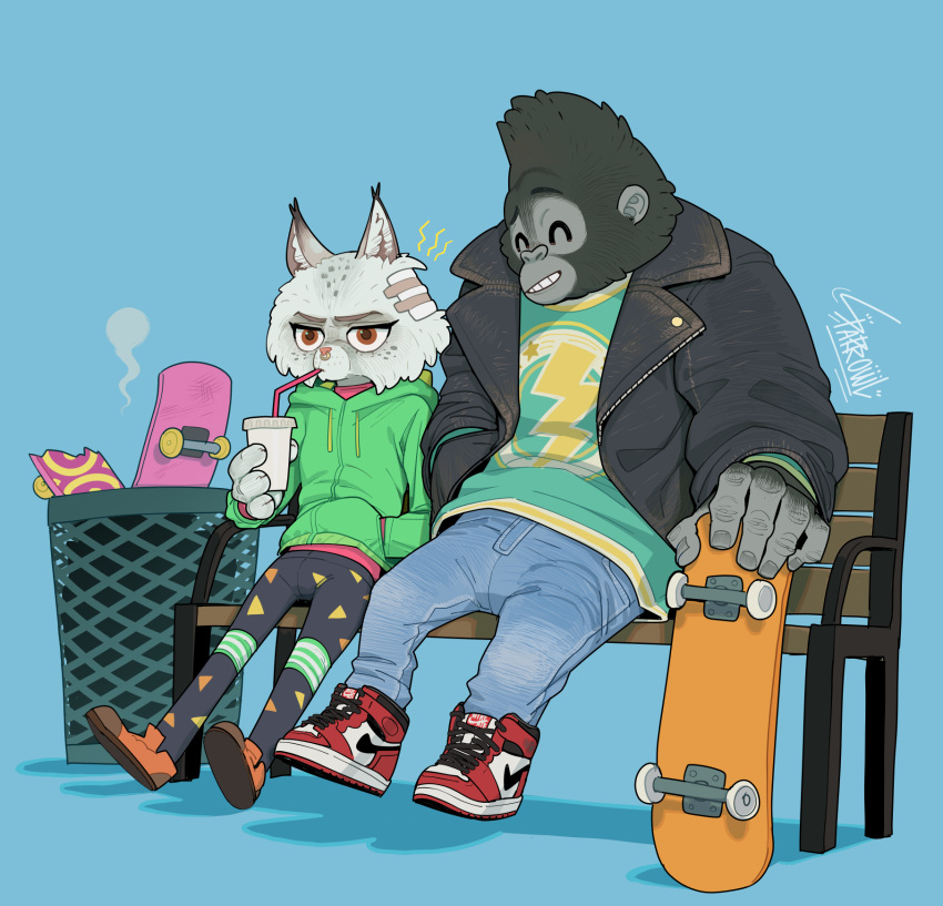 anthro ape band-aid bandage bench beverage biped black_body black_fur blue_background bottomwear character_request clothed clothing denim denim_clothing drinking duo ear_tuft eyes_closed felid feline female fur gorilla haplorhine hi_res holding_beverage holding_object hoodie illumination_entertainment inner_ear_fluff jeans johnny_(sing) lynx male mammal nike nooshy open_mouth orange_eyes pants primate shirt simple_background sing_(movie) sitting skateboard sparrowl t-shirt topwear trash_can tuft white_body white_fur