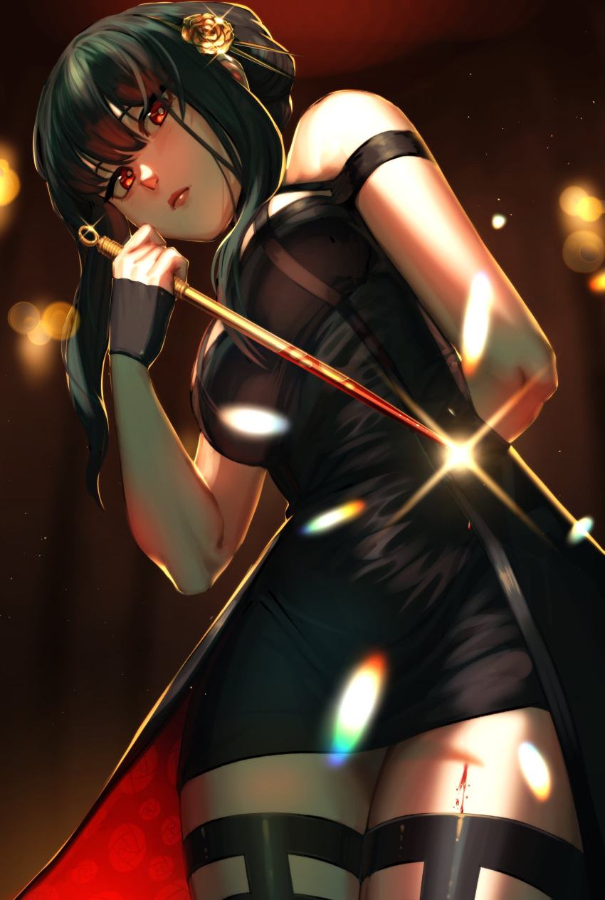 1girl absurdres bangs bare_shoulders barley_juice black_dress black_hair blood blood_on_weapon breasts dagger dress earrings gloves hair_between_eyes hair_ornament hairband highres holding holding_weapon jewelry knife large_breasts long_hair red_eyes sidelocks solo spy_x_family weapon yor_briar