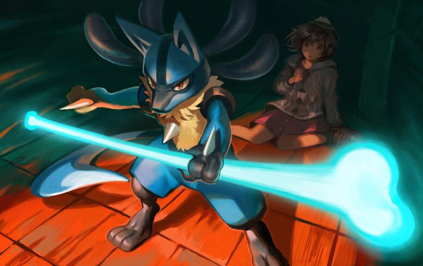 action_pose ambiguous_gender anthro biped bone bone_rush bottomwear brown_hair casual_nudity chest_spike clothed clothing detailed_background digitigrade duo featureless_crotch female footwear front_view fully_clothed glare gloria_(pok&eacute;mon) glowing glowing_object hair hi_res high-angle_view holding_object holding_weapon hood human lucario mammal neck_tuft nintendo nisimawari nude perspective pok&eacute;mon pok&eacute;mon_(species) pose protective red_eyes serious shoes sitting skirt socks spikes spikes_(anatomy) standing tuft video_games weapon wind