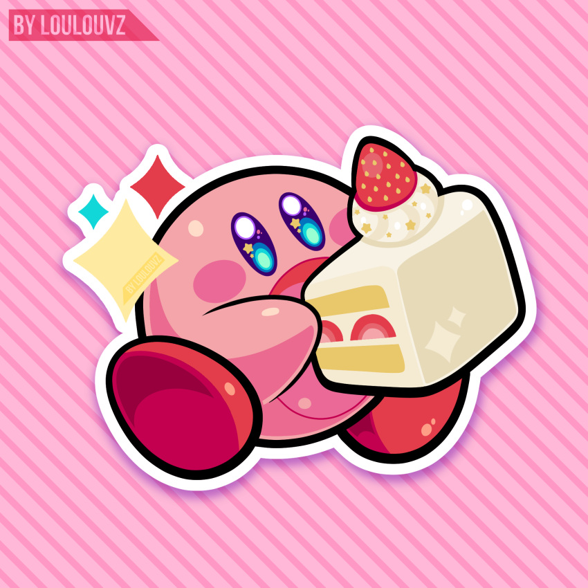 ambiguous_gender blue_eyes cake dessert food hi_res kirby kirby_(series) loulouvz nintendo not_furry open_mouth pink_background pink_body simple_background solo video_games waddling_head