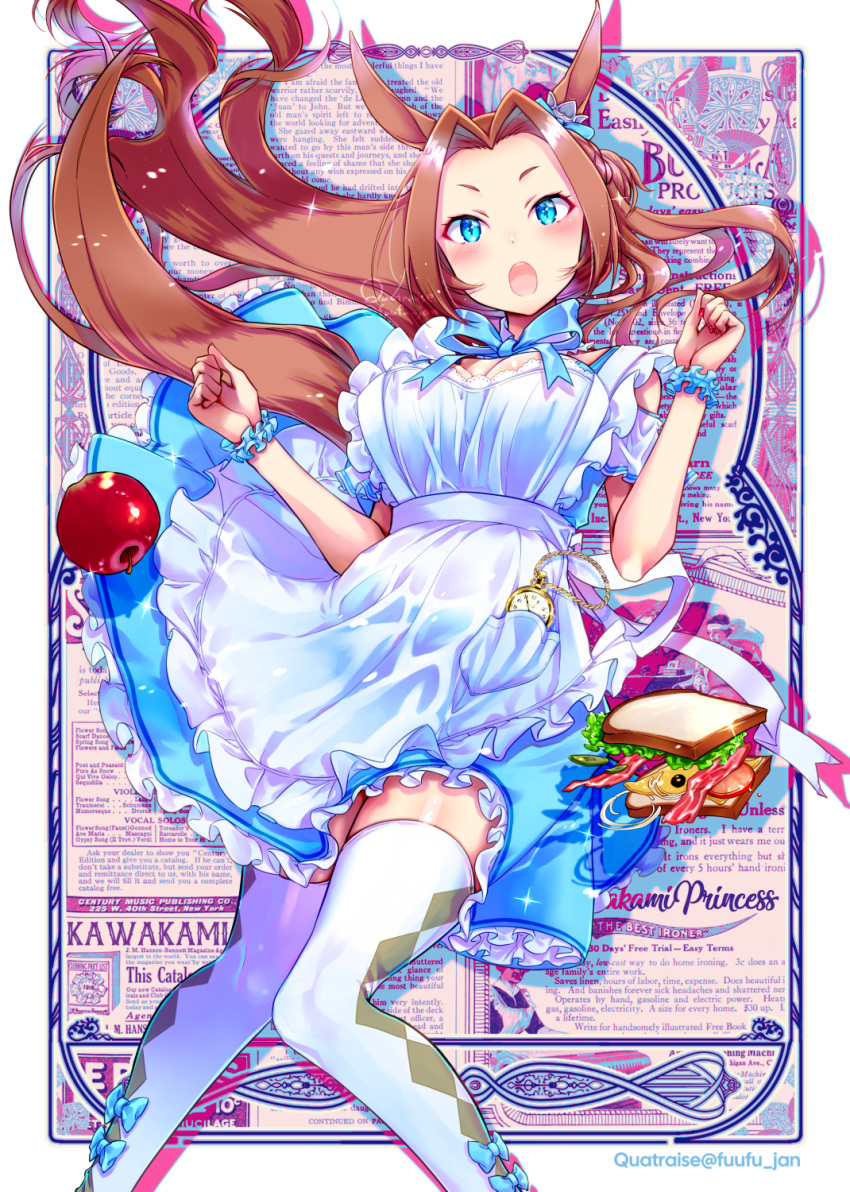 1girl :o animal_ears apple apron artist_name bacon bangs blue_dress blue_eyes blush bread breasts brown_hair cheese dress english_text feet_out_of_frame floating_hair food fruit highres horse_ears kawakami_princess_(umamusume) large_breasts lettuce long_hair looking_at_viewer maid_apron open_mouth parted_bangs pocket_watch quatraise sandwich scrunchie solo sparkle thighhighs tomato twitter_username umamusume watch watermark white_legwear wrist_scrunchie